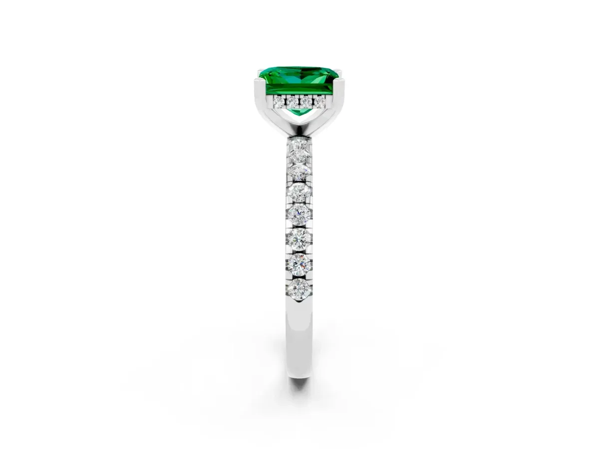 Princess Cut Emerald Solitaire Ring with Round Pavé Band and Four-Prong Setting Silver