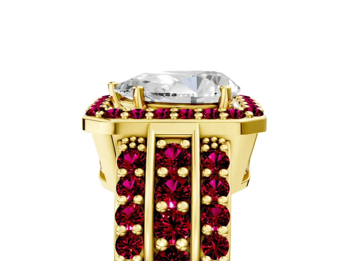 Pear Cut Halo Diamond Ring with Round Garnet Split Shank and Prong Setting Yellow gold
