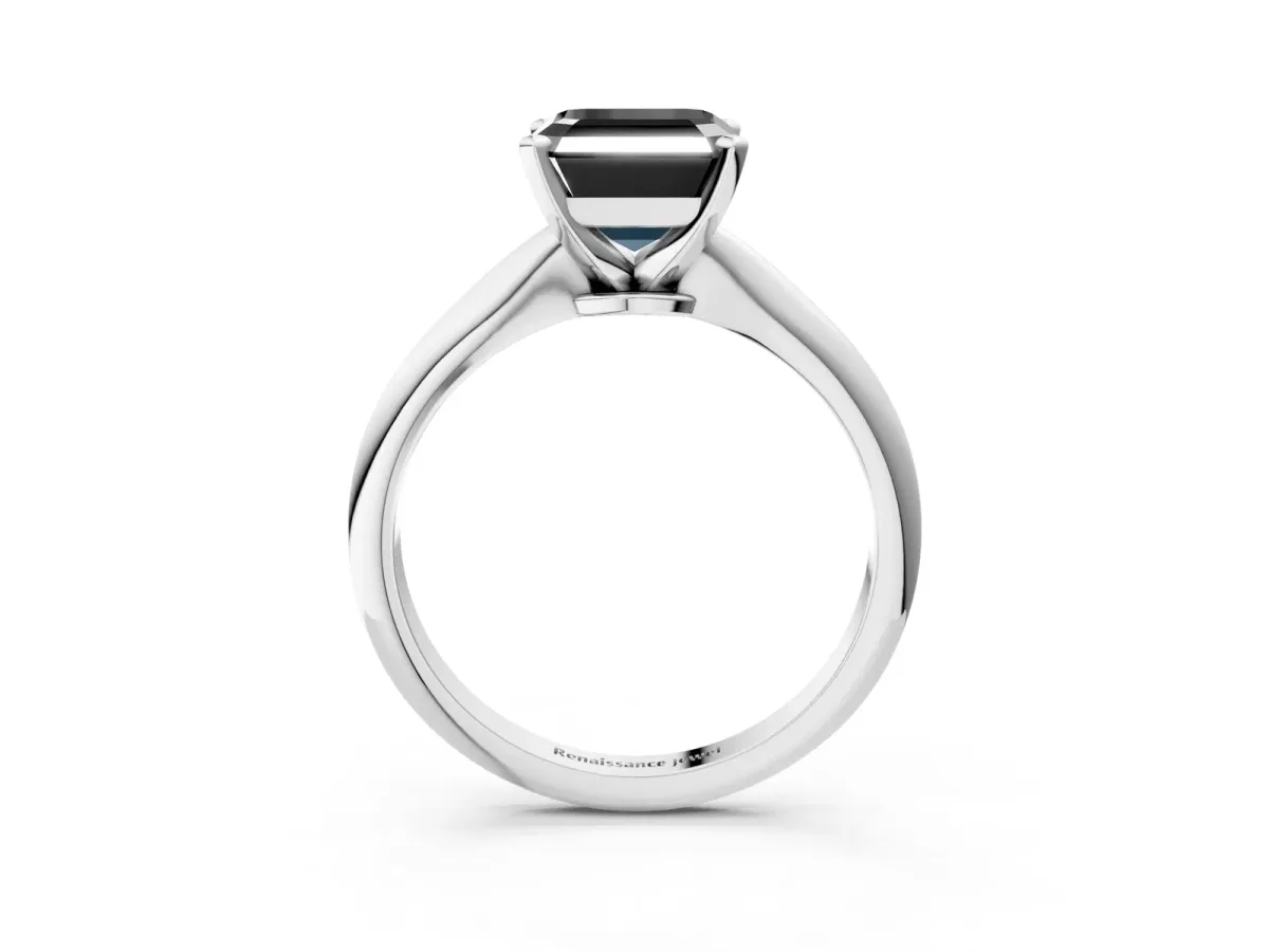 Fancy Black Asscher Cut Diamond Solitaire Engagement Ring with Classic Band and Four-Prong Setting Silver