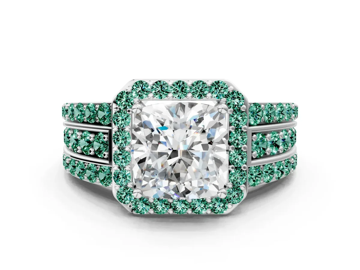 Cushion Cut Halo Diamond Ring with Round Green Sapphire Split Shank and Prong Setting Silver