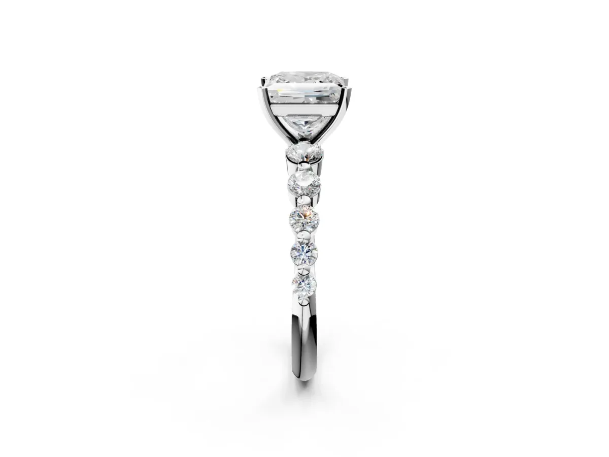 Princess Cut Solitaire Diamond Ring with Pave Band and Four-Prong Setting Silver