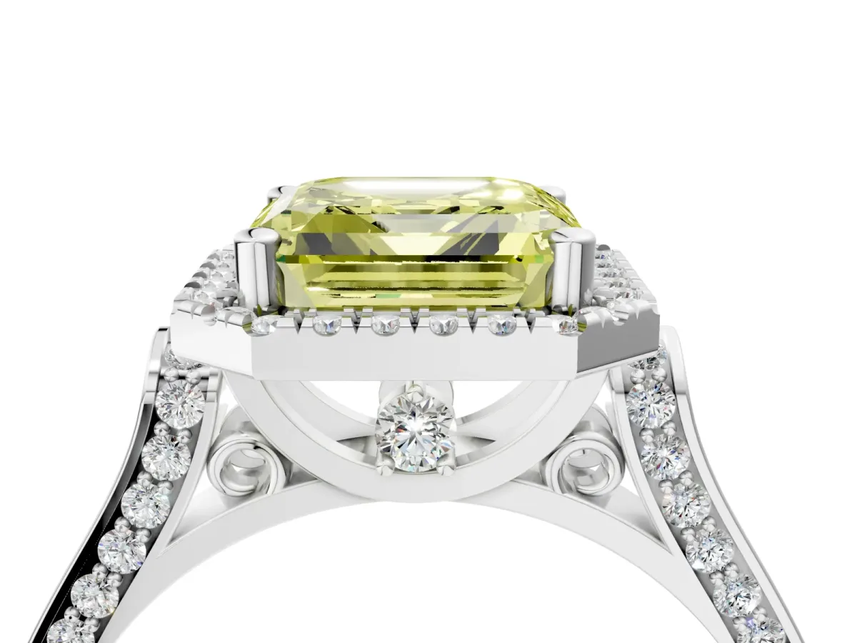 Fancy Yellow Asscher Cut Halo Pave Split Shank Prong Setting Ring Platinum
