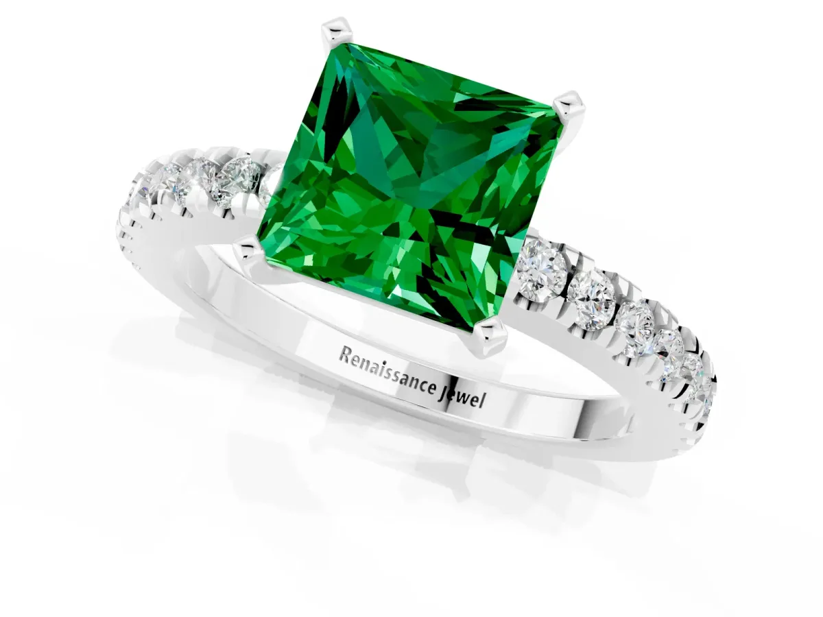 Princess Cut Solitaire Emerald with Pavé Band and Four-Prong Setting Silver