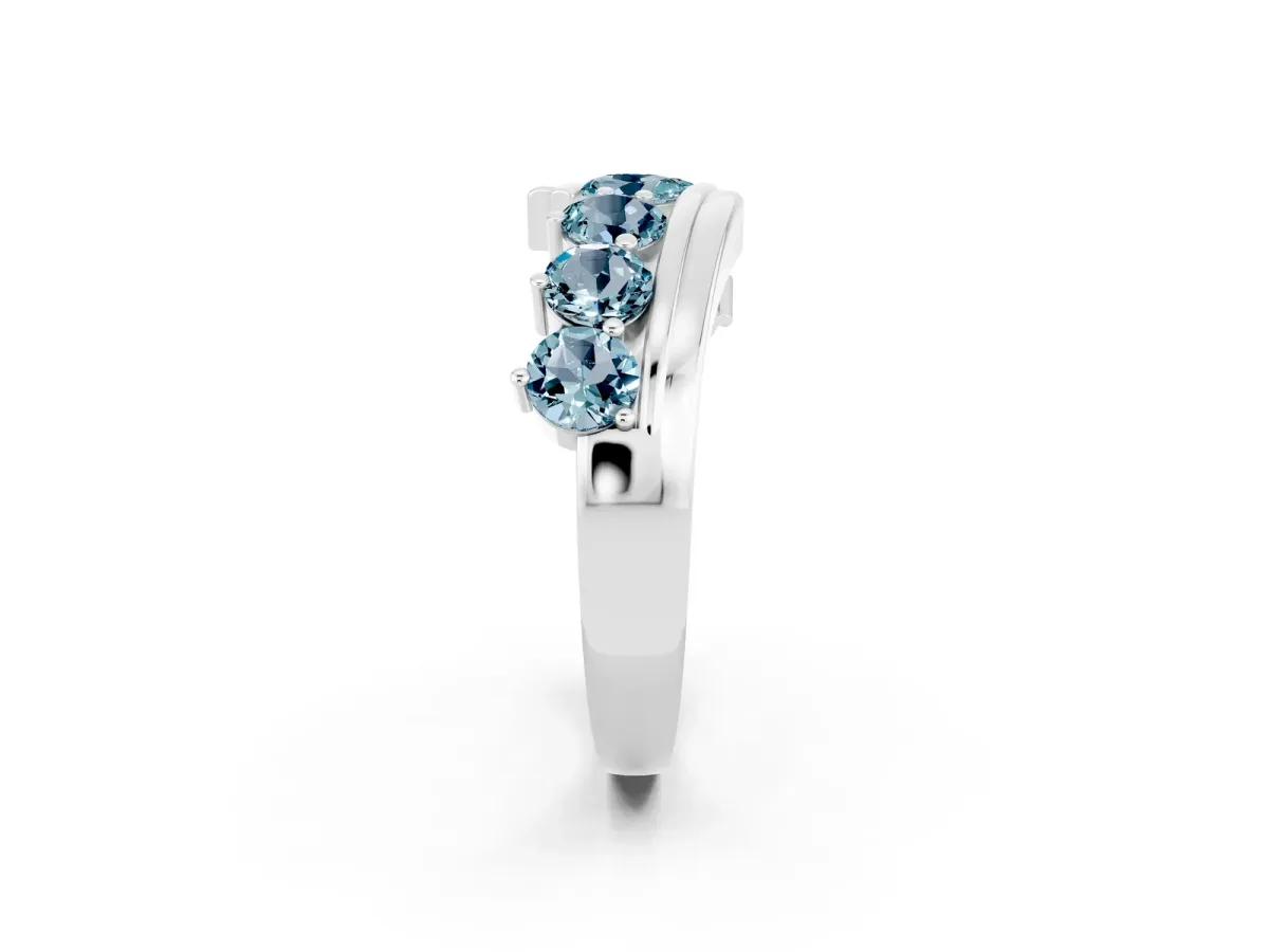 Round Aquamarine Wave Band with Channel and Shared Prong Setting Platinum