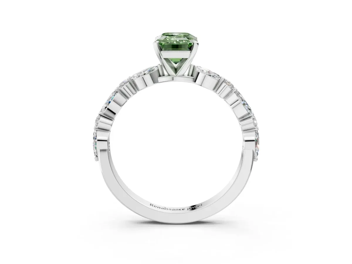 Fancy Green Emerald Cut Diamond Ring with Marquise and Round Side Stones and Four-Prong Setting Silver