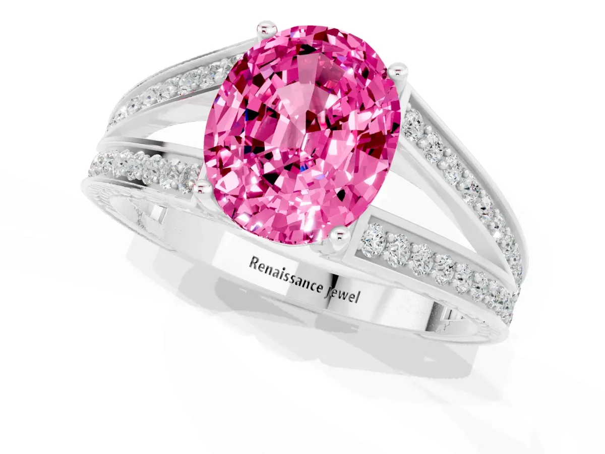 Oval Cut Pink Sapphire Split Shank Ring with Pavé Band and Four-Prong Setting White gold