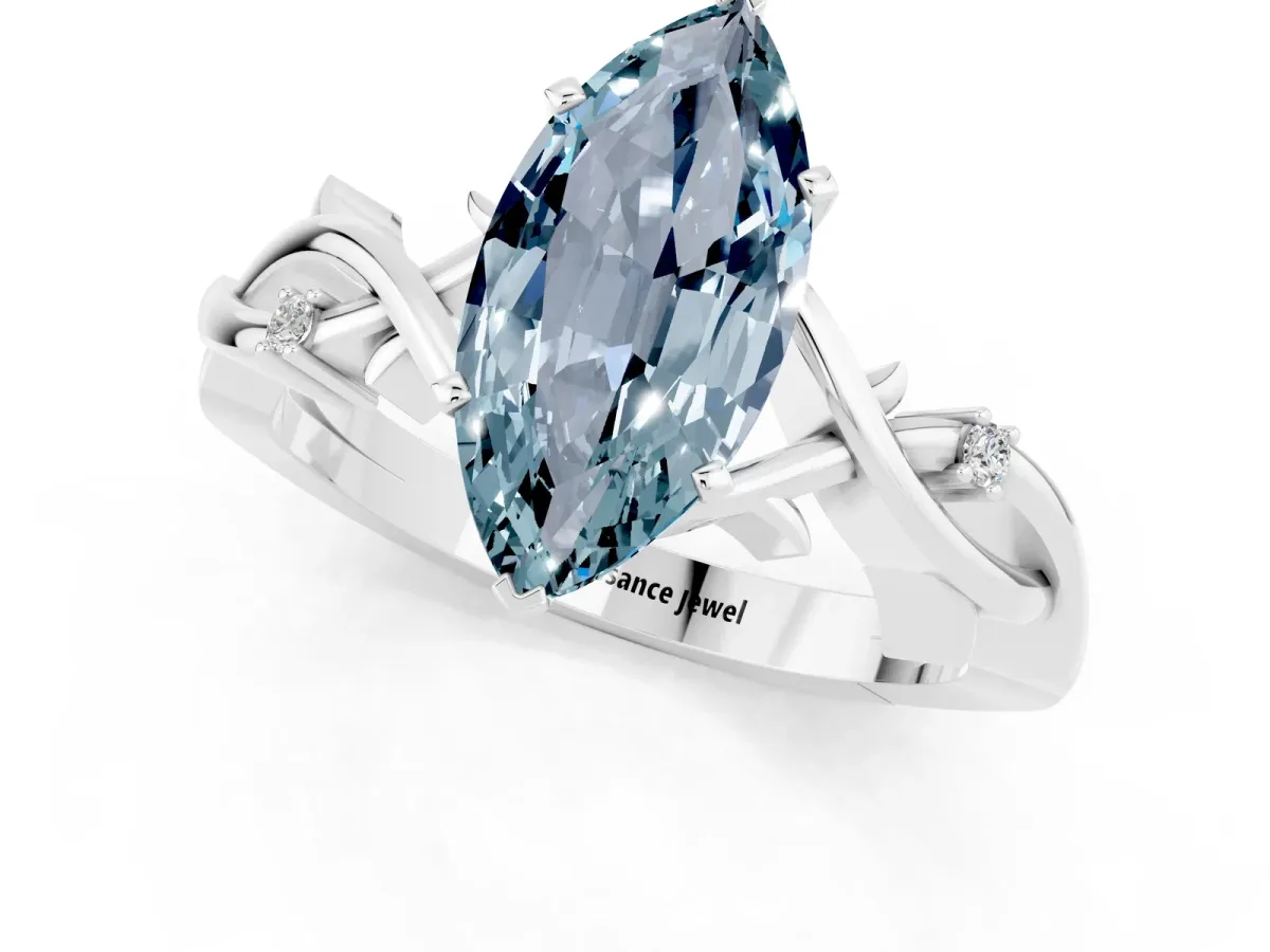 Marquise Cut Aquamarine Solitaire Ring with Twisted Band and Prong Setting Silver