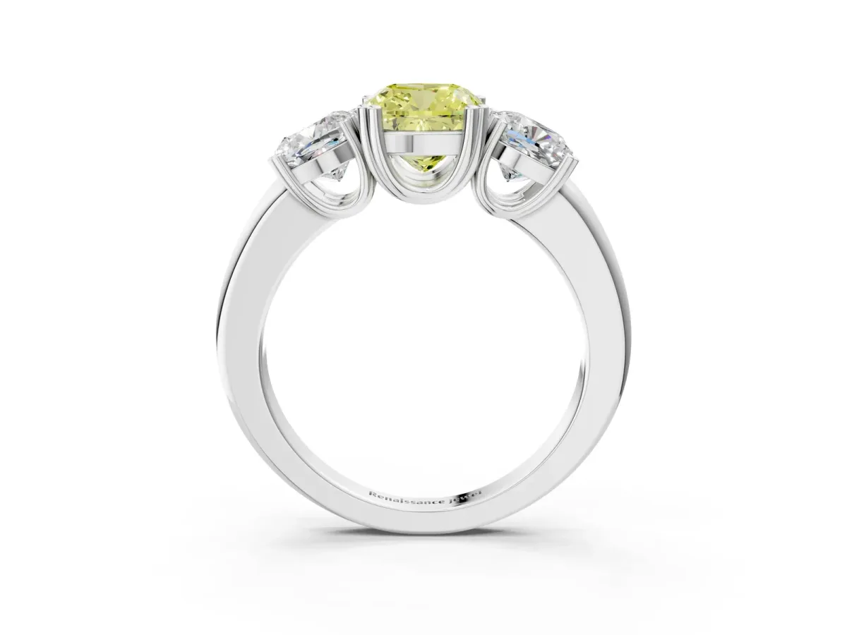 Fancy Yellow Three-Stone Cushion Cut Cut Diamond Ring with Channel Set Band and Four-Prong Setting Silver