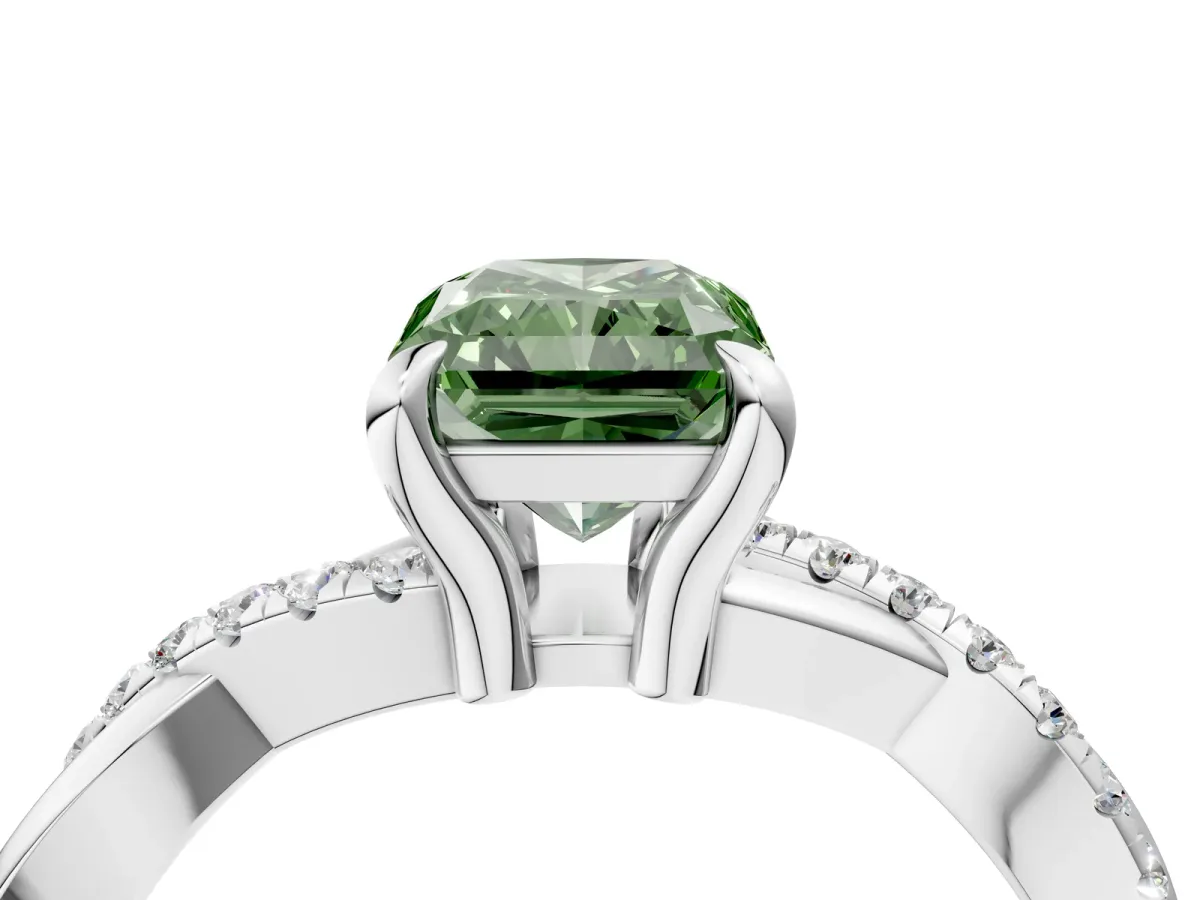 Fancy Green Radiant Cut Cut Twist Band Solitaire Diamond Ring with Pavé Setting Platinum