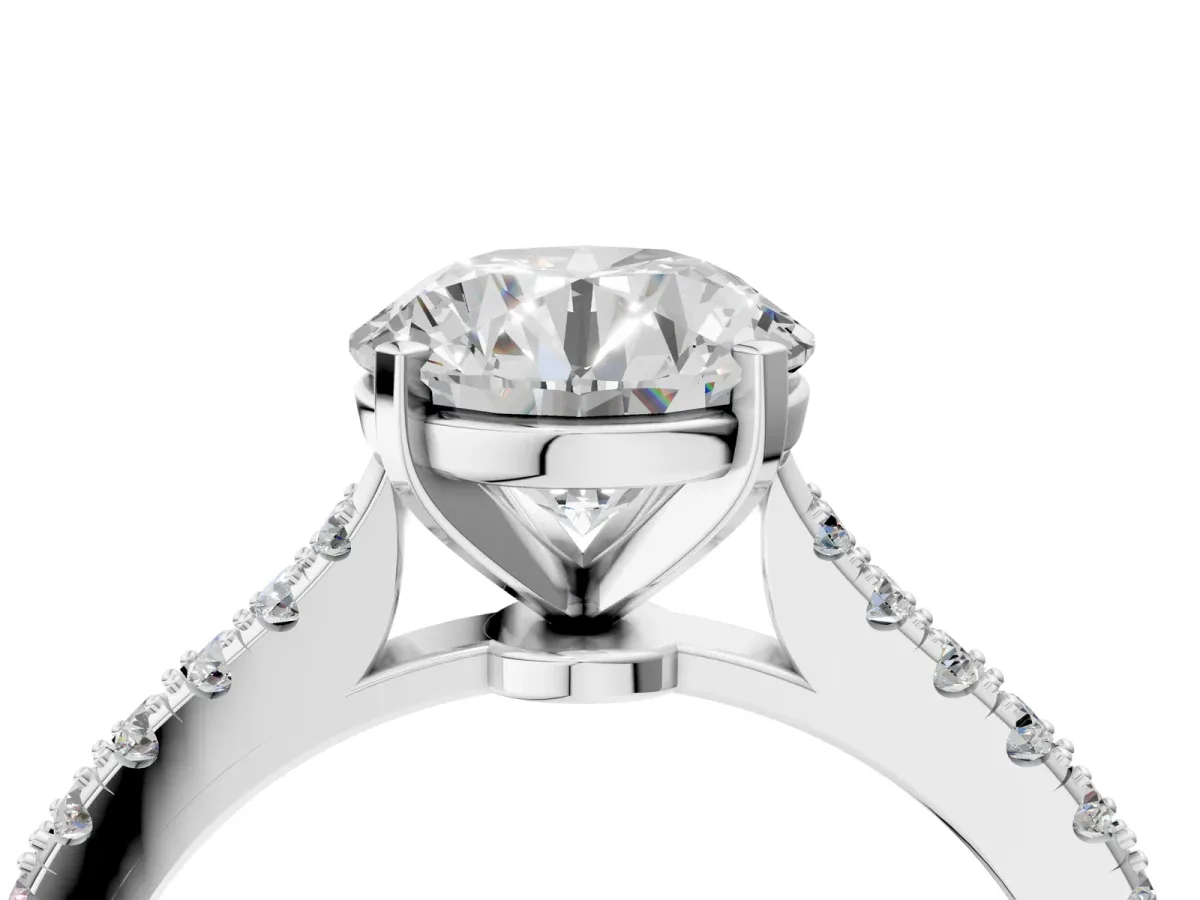 Round Cut Cut Solitaire Diamond Engagement Ring with Pave Band and Four-Prong Setting Silver
