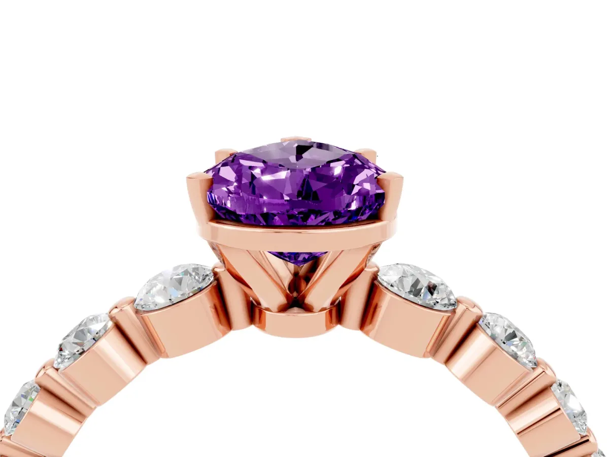 Pear Cut Solitaire Amethyst Ring with Pave Band and Four-Prong Setting Rose gold