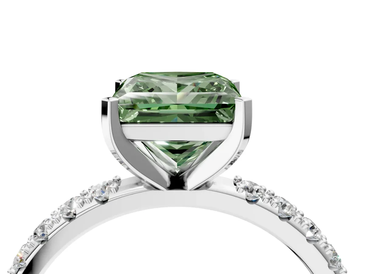 Fancy Green Princess Cut Diamond Solitaire Pavé Band with Four-Prong Setting Silver