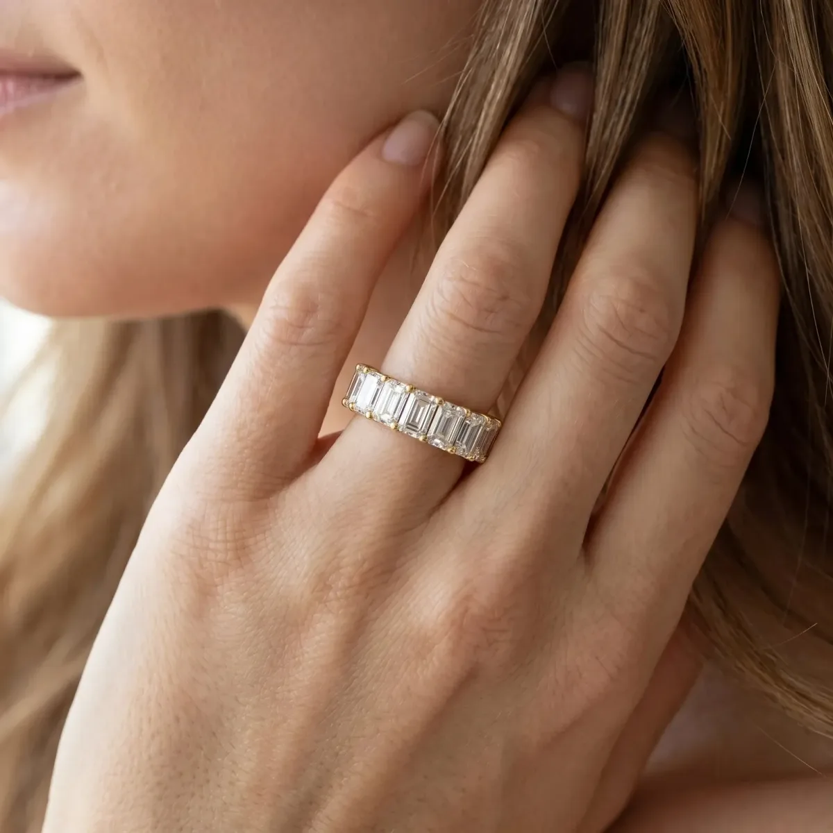 Emerald Cut Diamond Prong-Set Eternity Band Yellow gold
