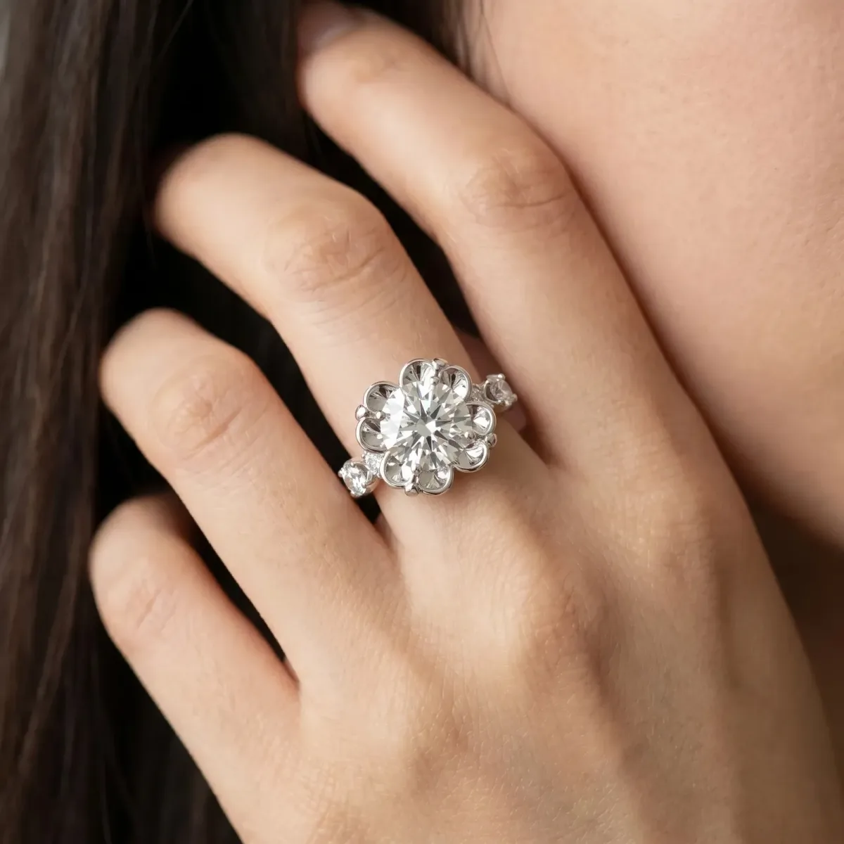 Round Cut Cut Diamond Floral Halo Engagement Ring with Shared Prong Setting Silver