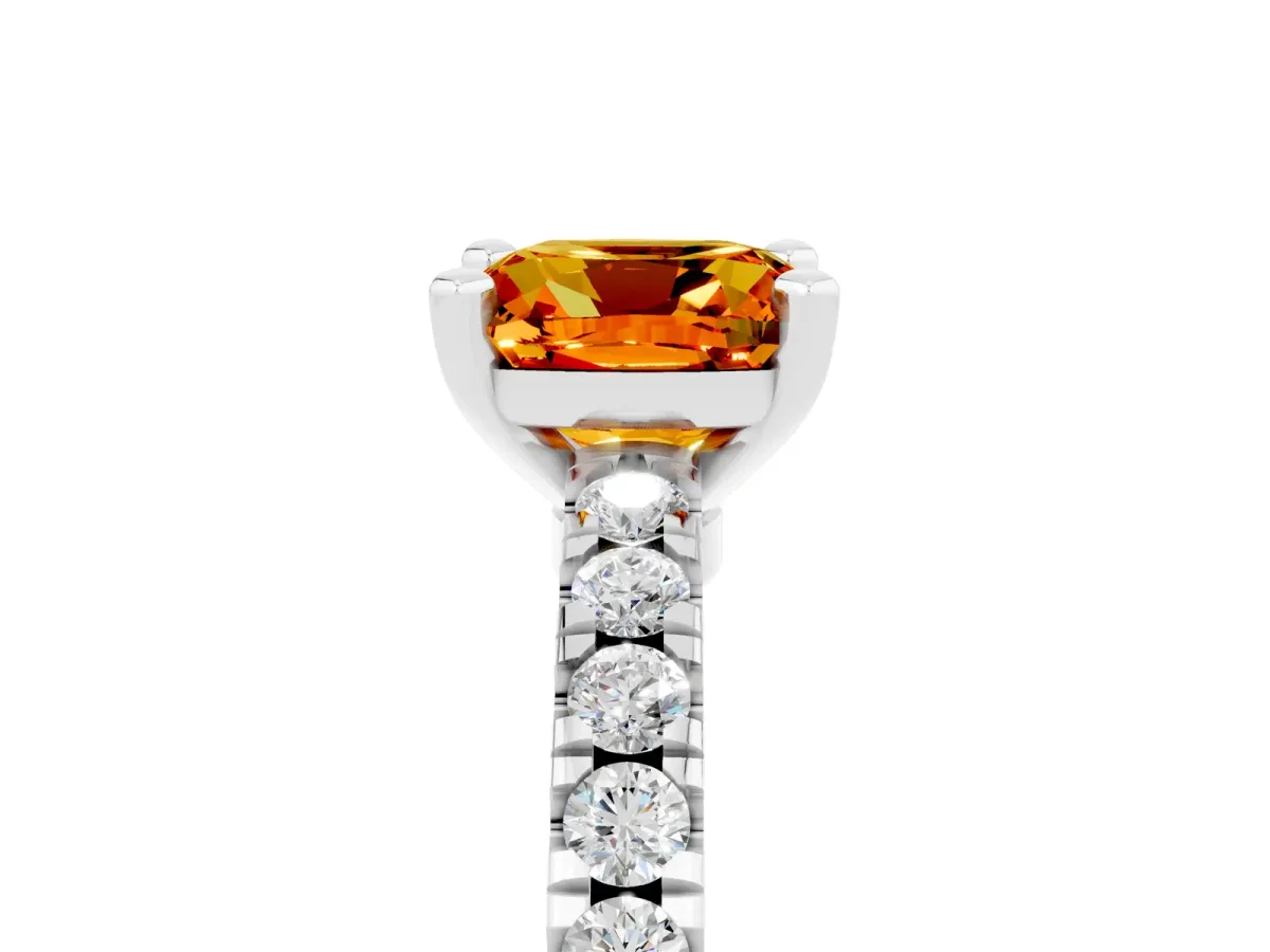 Cushion Cut Solitaire Citrine with Pavé Band and Four-Prong Setting Silver
