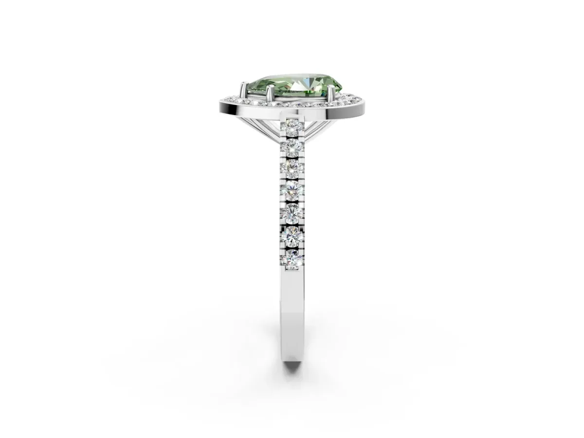 Fancy Green Pear Cut Diamond Halo Ring with Round Pavé Split Shank and Prong Setting Platinum