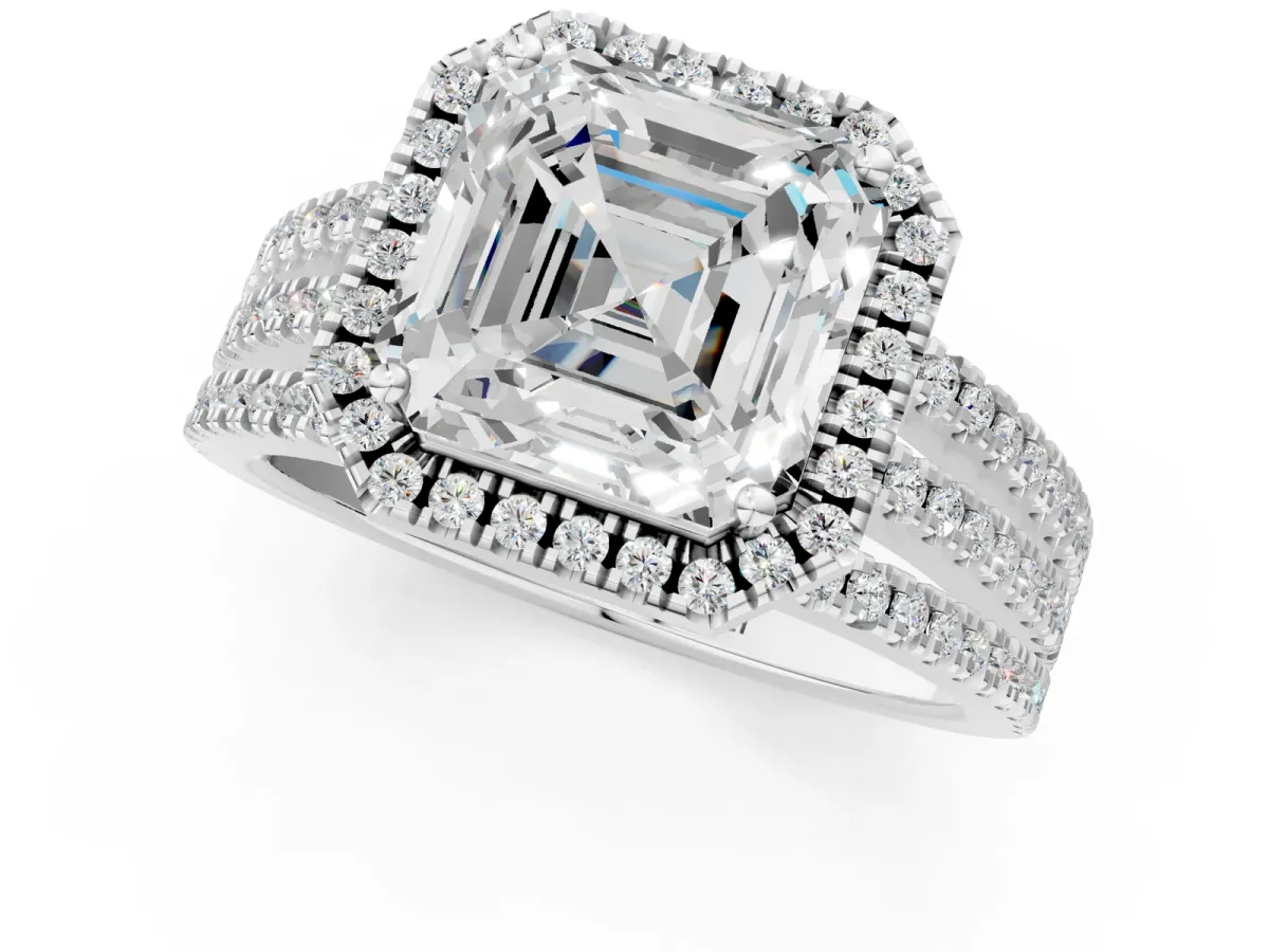 Asscher Cut Diamond Halo Engagement Ring with Split Shank and Four-Prong Setting Platinum