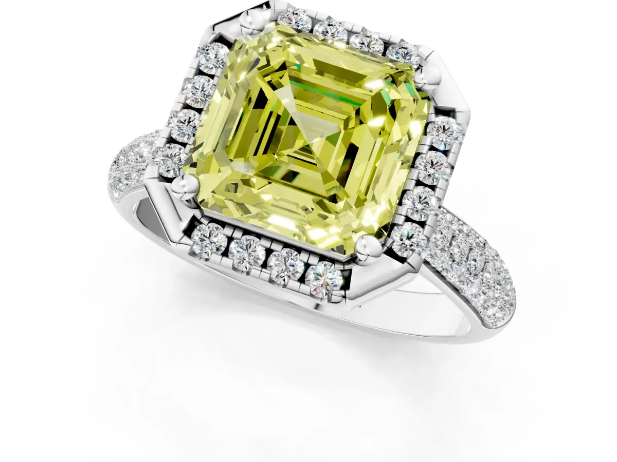 Fancy Yellow Asscher Cut Cut Halo Pave Band Four-Prong Setting Ring Platinum