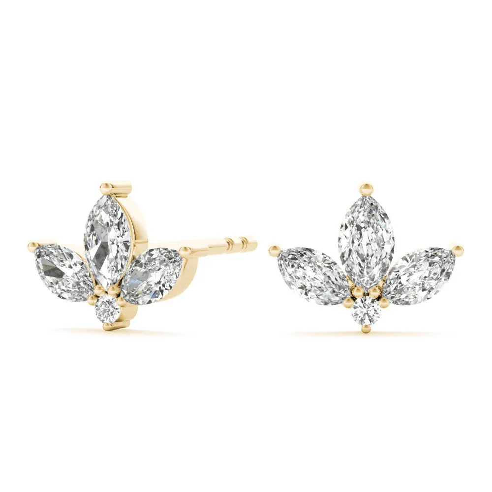 Marquise Cluster Stud Earrings with Round Prong Setting Yellow gold