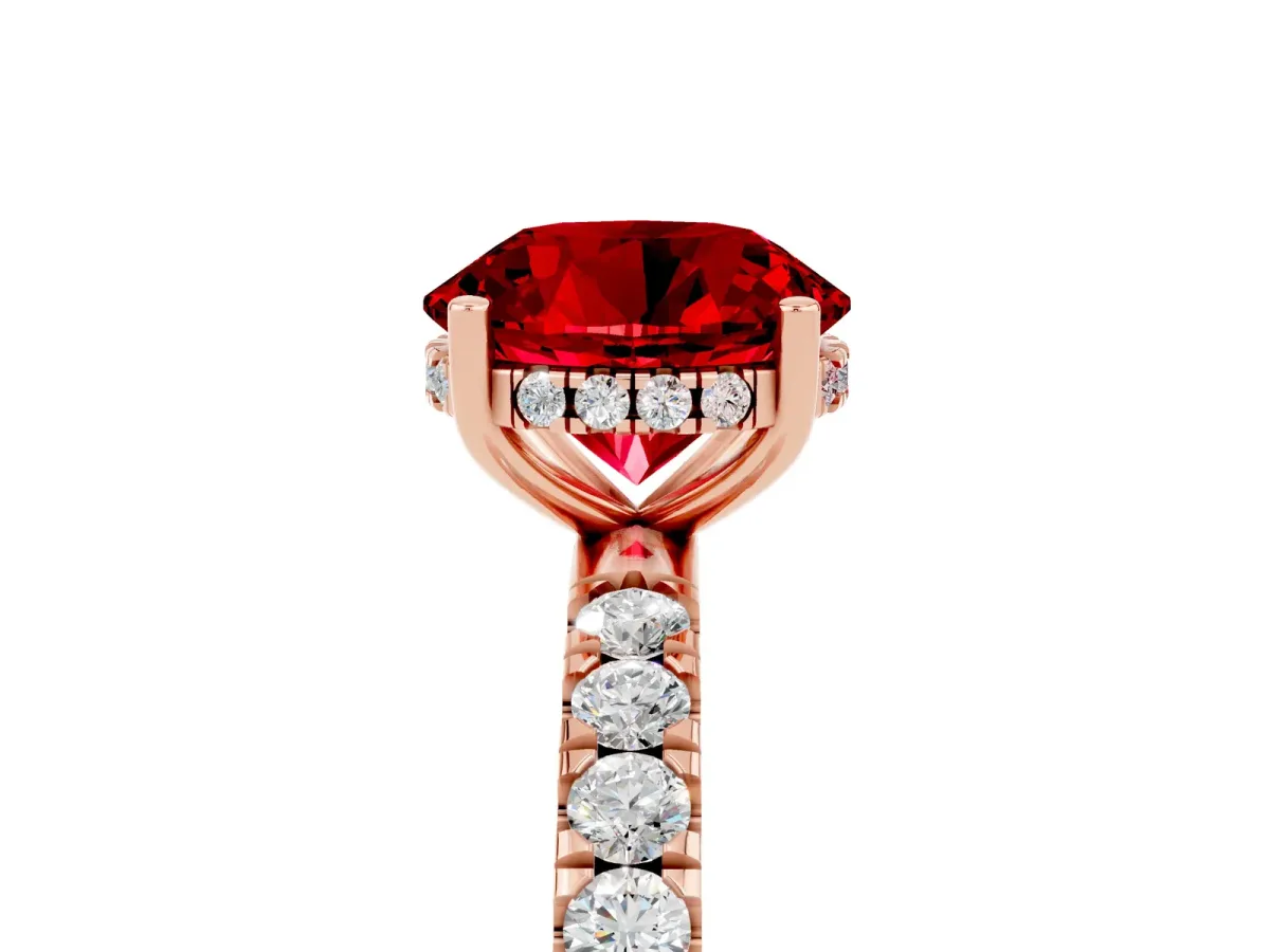 Round Cut Ruby Pave Band Solitaire Ring with Round and Prong Setting Rose gold