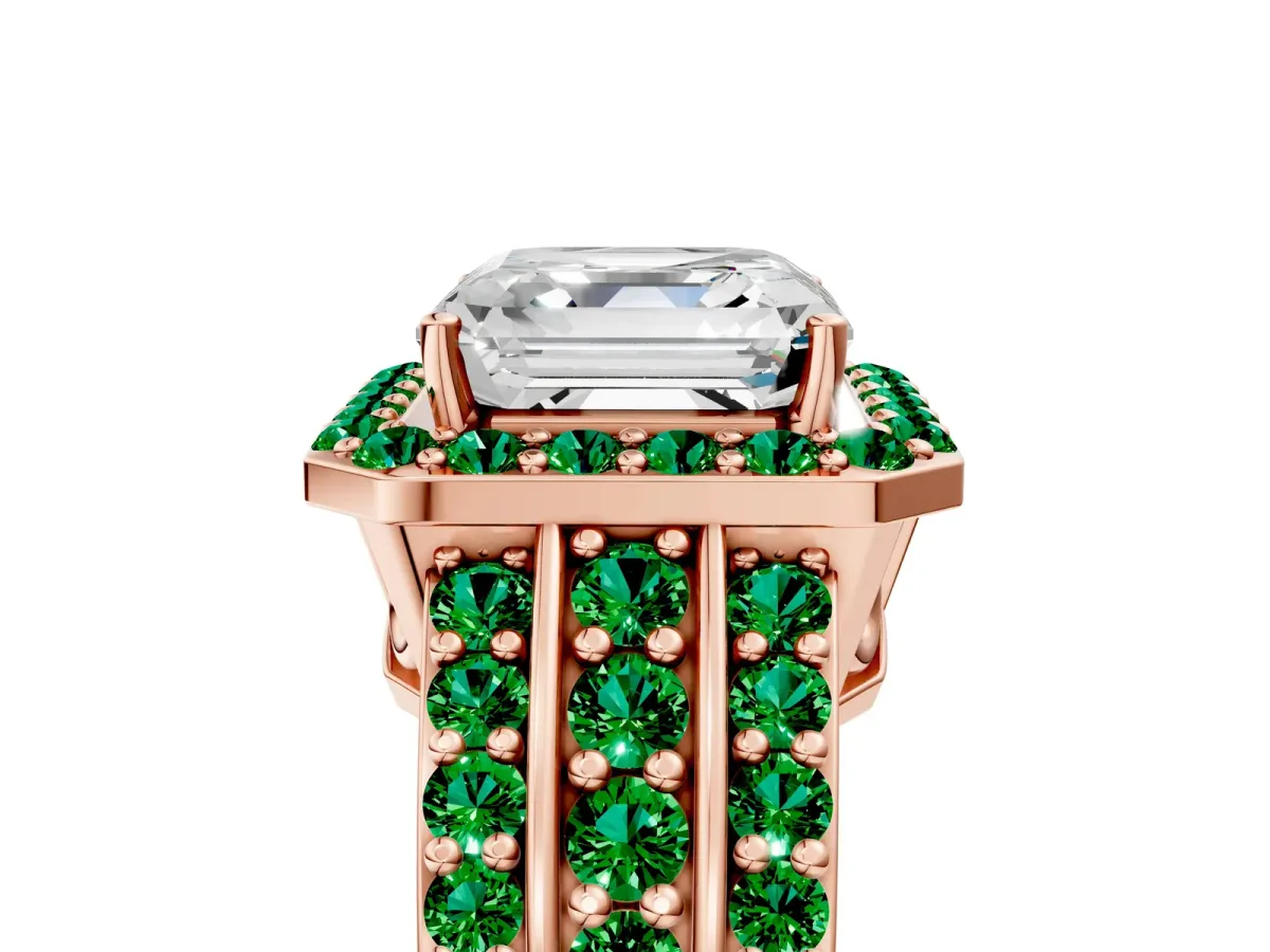 Asscher Cut Halo Diamond Ring with Round Emerald Split Shank and Prong Setting Rose gold