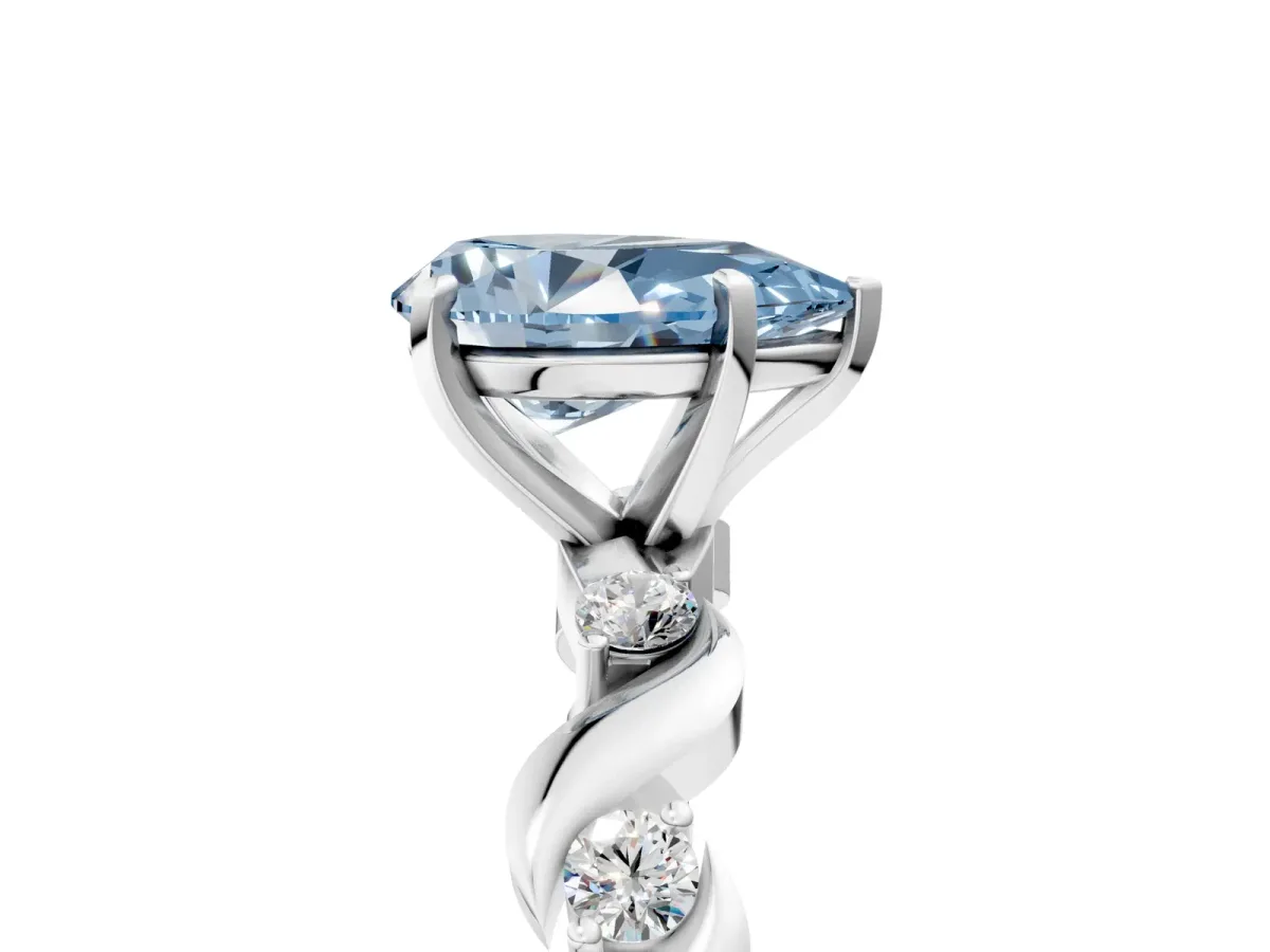 Fancy Blue Pear Cut Diamond Solitaire Twisted Band with Round Accents and Prong Setting Silver