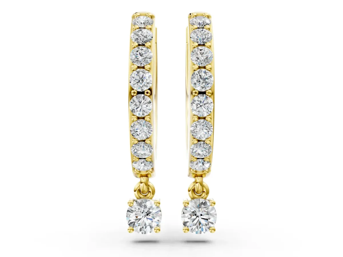 Round Cut Diamond Pavé Hoop Earrings with Drop Accent Yellow gold