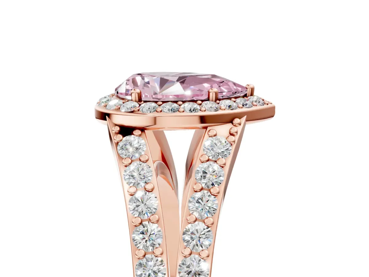 Fancy Pink Pear Cut Diamond Split Shank Halo Ring with Four-Prong Setting Rose gold