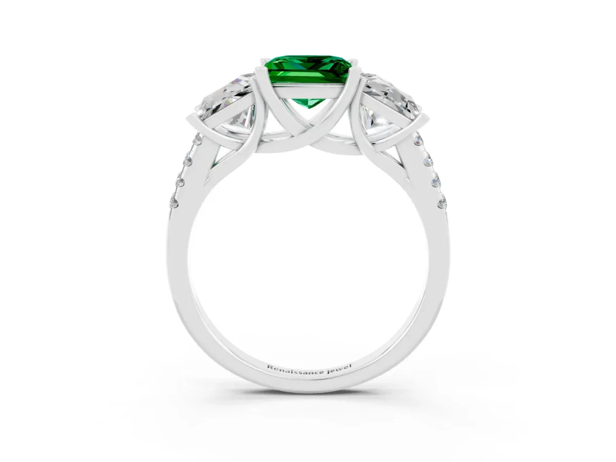 Three-Stone Princess Cut Emerald Ring with Round Pavé Band and Prong Setting Silver