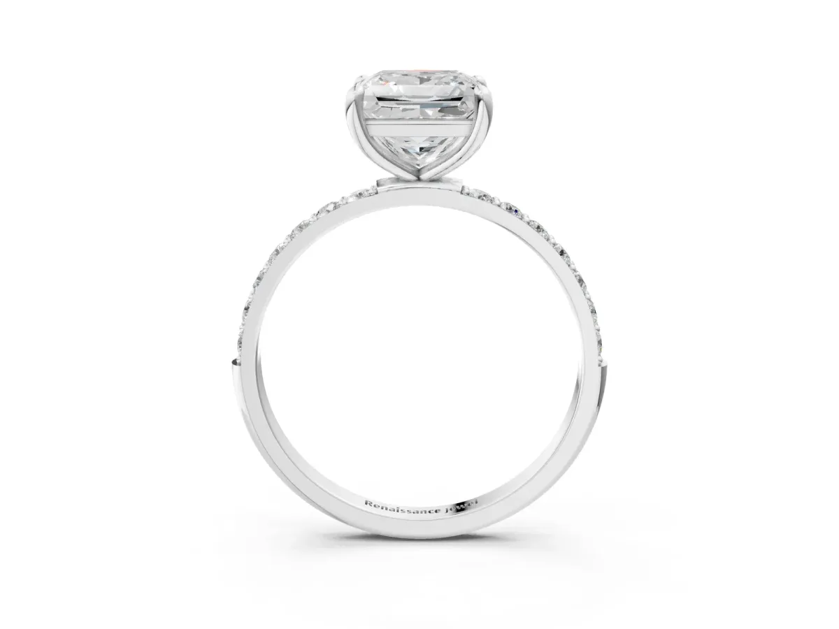Princess Cut Diamond Solitaire Ring with Round Pavé Band and Prong Setting Platinum