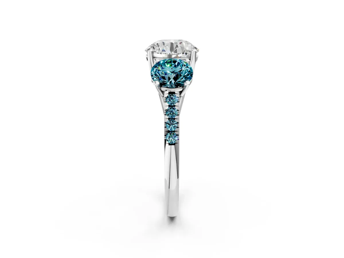 Three-Stone Round Cut Diamond Ring with Round Blue Topaz Pavé Band and Prong Setting Silver
