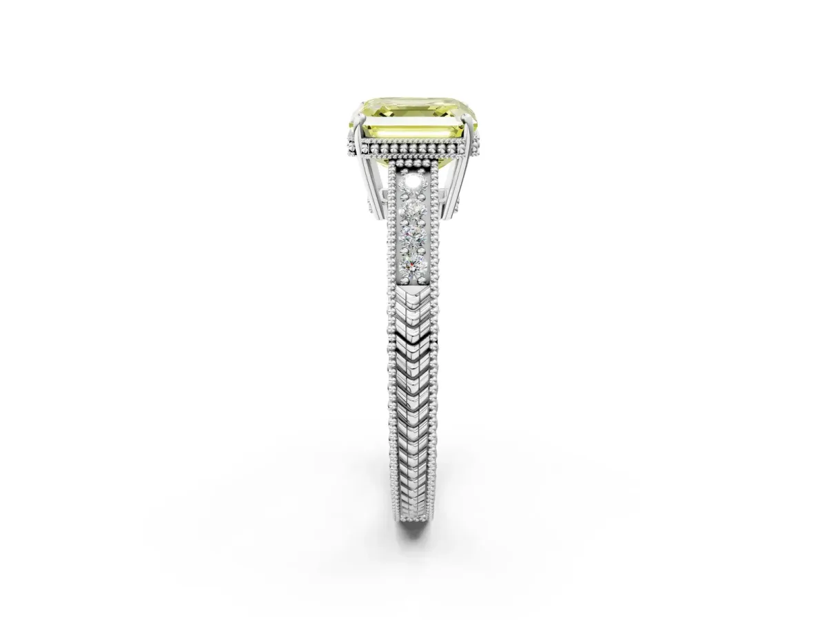 Fancy Yellow Asscher Cut Cut Diamond Milgrain Pave Band Four-Prong Setting Ring Platinum