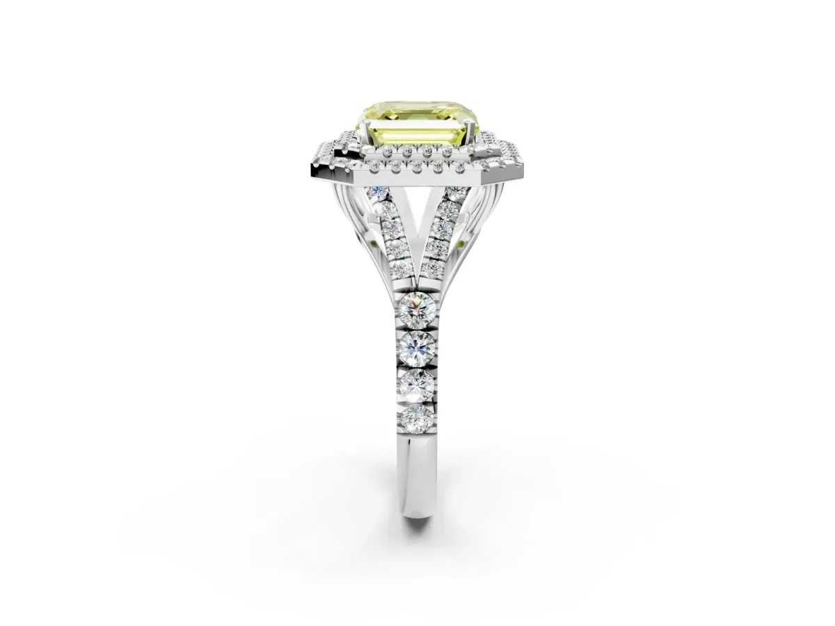 Fancy Yellow Asscher Cut Diamond Double Halo Ring with Split Shank and Prong Setting Silver