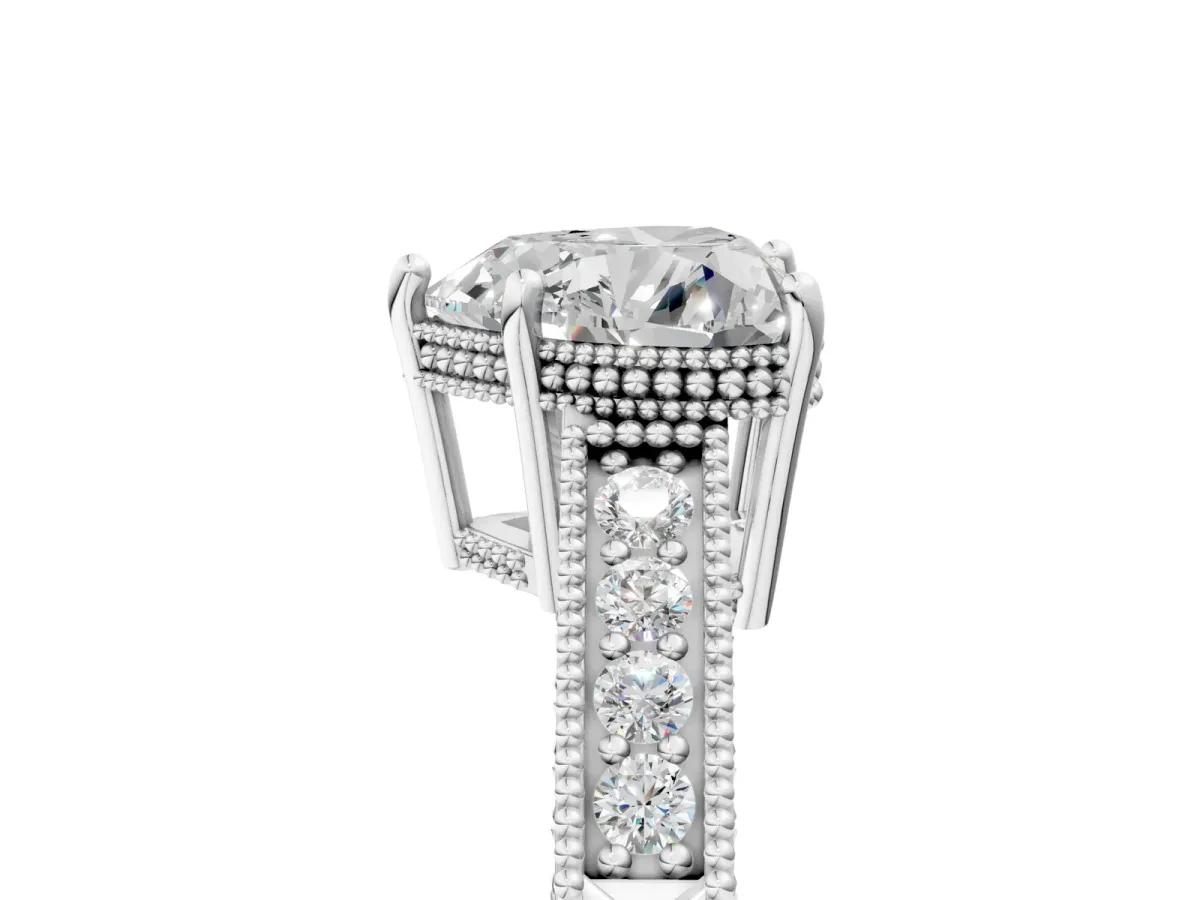 Heart Cut Diamond Ring with Milgrain Pavé Band and Four-Prong Setting Platinum