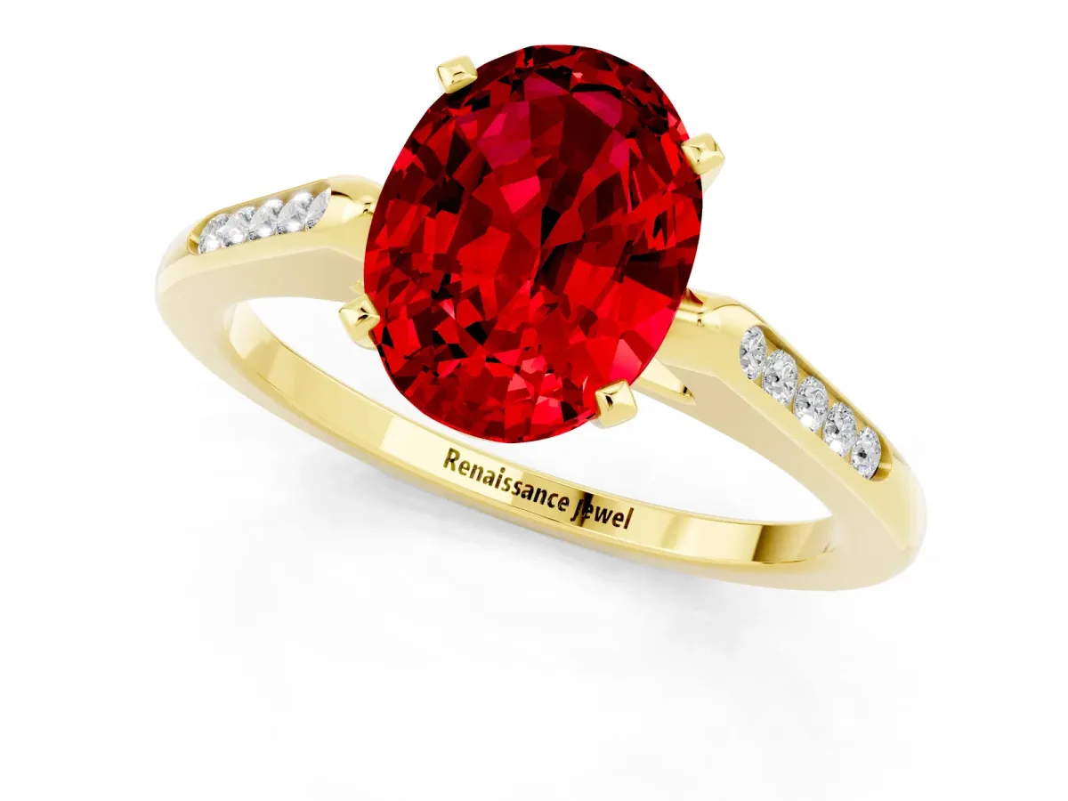 Oval Cut Ruby Solitaire Ring with Channel Set Round Band and Prong Setting Yellow gold