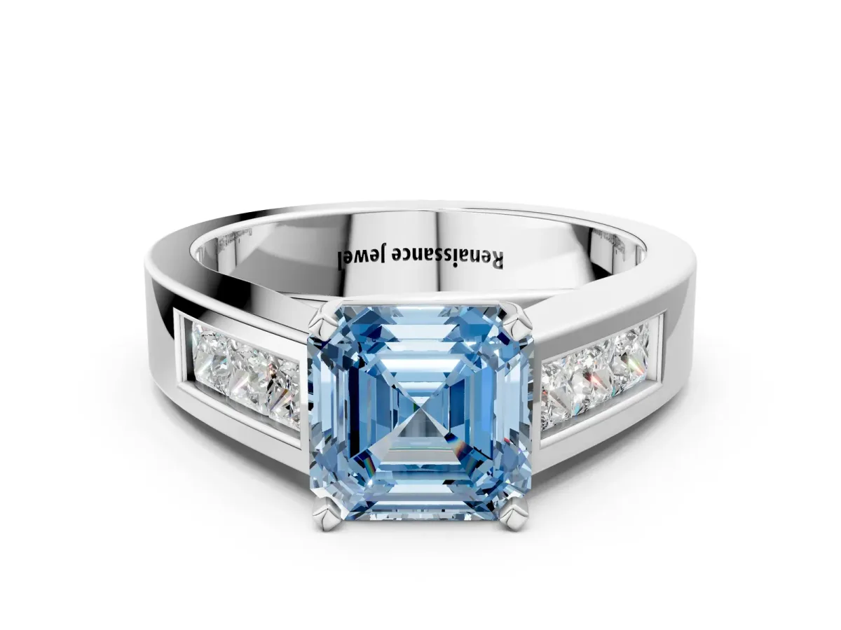 Fancy Blue Asscher Cut Cut Channel Set Solitaire Ring with Four-Prong Setting Silver