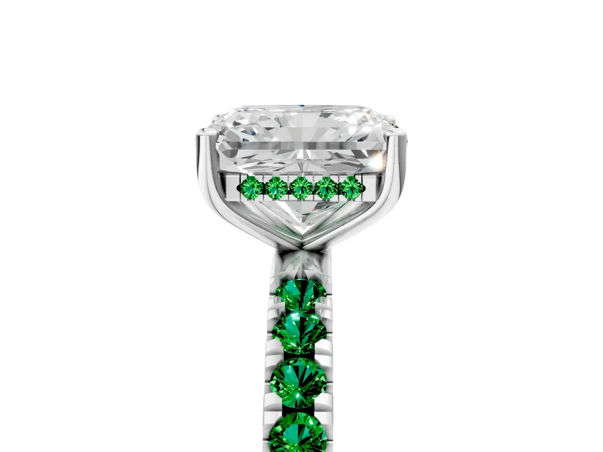 Radiant Cut Diamond Pave Band Solitaire Ring with Round Emerald and Prong Setting Silver