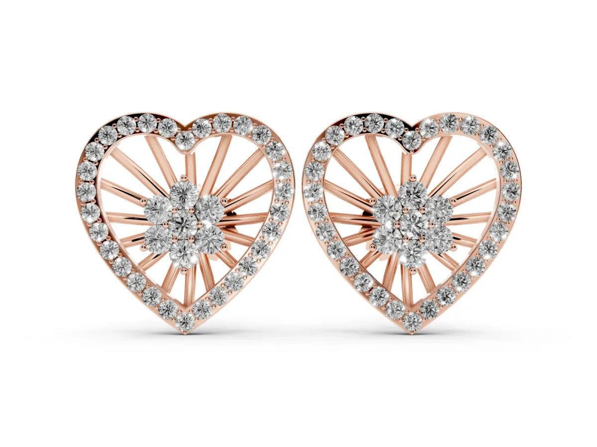 Round Diamond Open Heart Cluster Stud Earrings Rose gold
