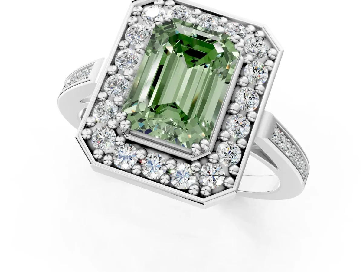 Fancy Green Emerald Cut Diamond Halo Ring with Split Shank and Four-Prong Setting White gold