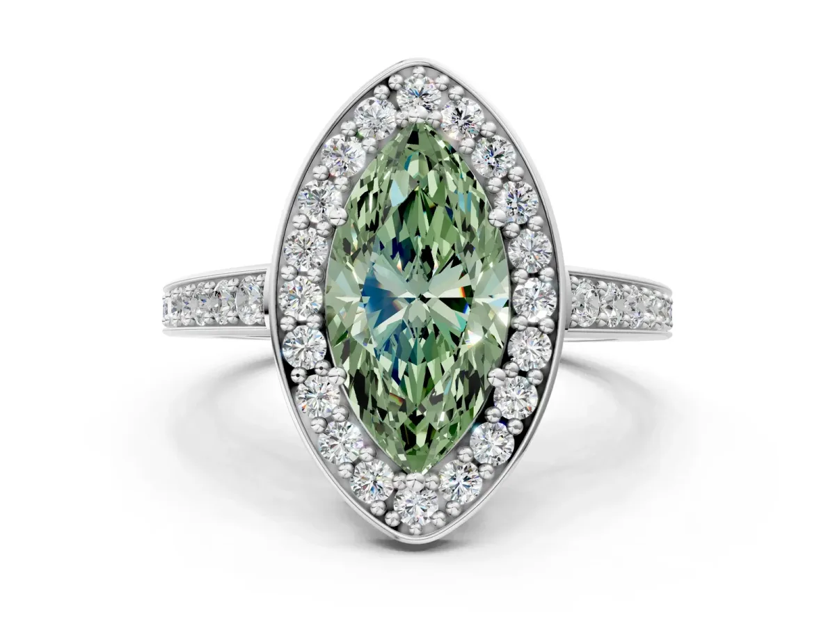 Fancy Green Marquise Cut Halo Pavé Diamond Engagement Ring with Bezel Setting Silver