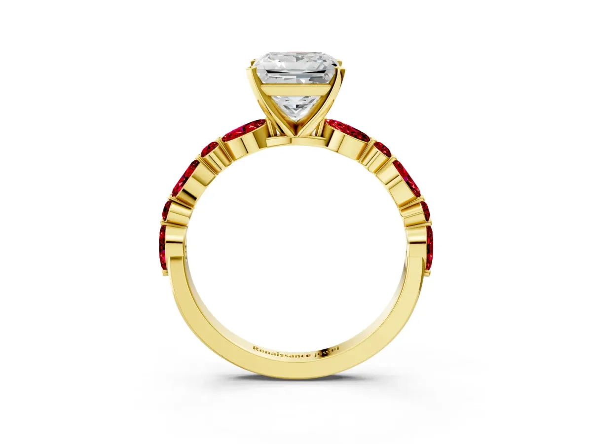 Princess Cut Diamond Ring with Marquise and Round Ruby Side Stones and Four-Prong Setting Yellow gold