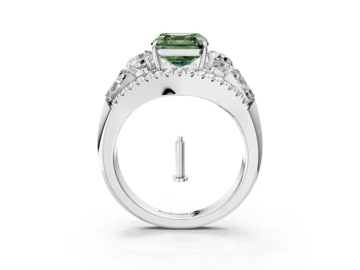 Fancy Green Three-Stone Asscher Cut Diamond Engagement Ring with Pave Band and Prong Setting Platinum