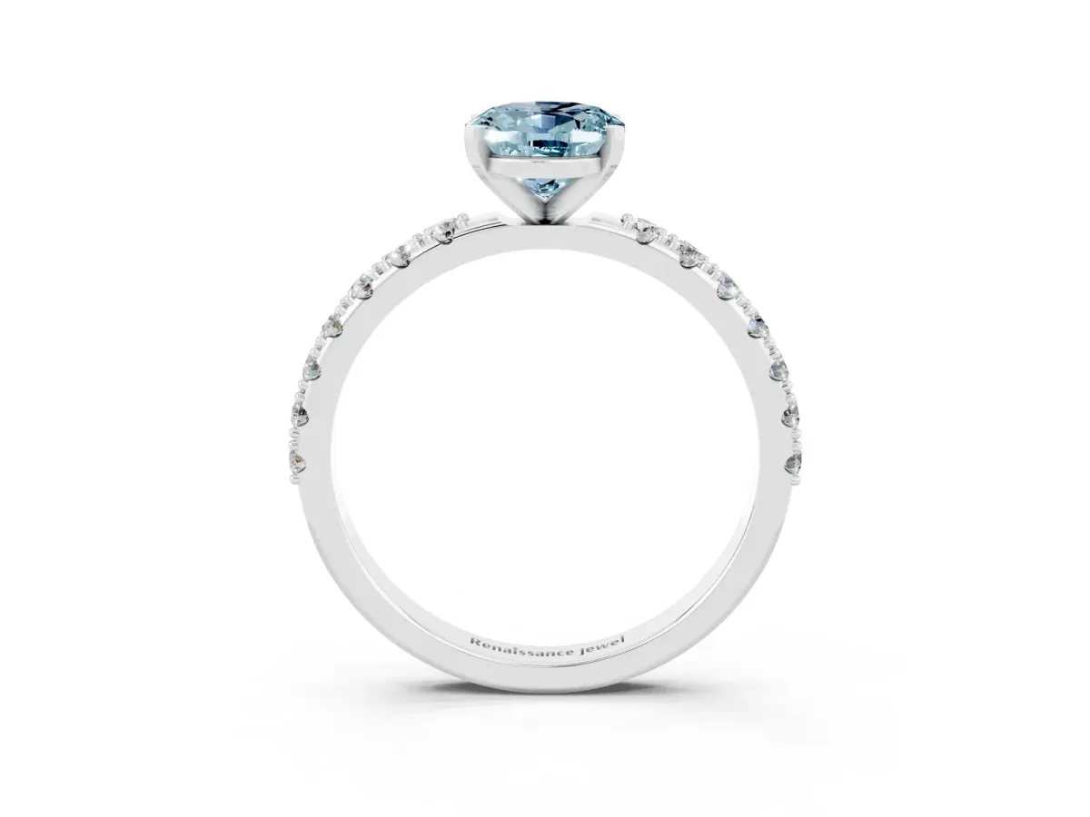 Oval Cut Aquamarine Solitaire Pavé Band with Four-Prong Setting Silver