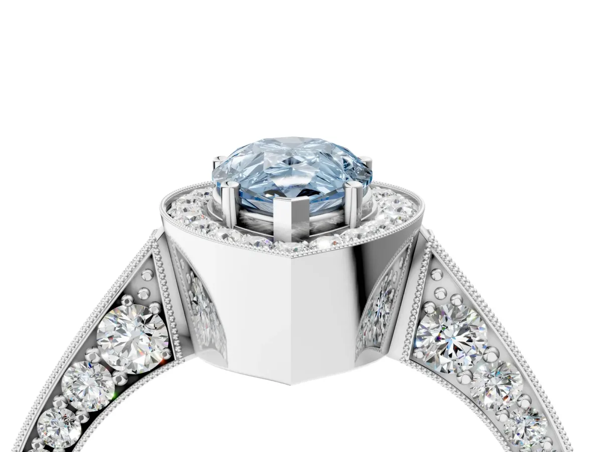 Fancy Blue Pear Cut Halo Diamond Engagement Ring with Split Shank Band and Four-Prong Setting Platinum