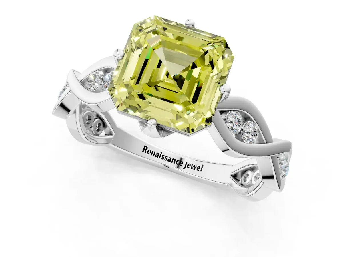 Fancy Yellow Asscher Cut Solitaire Twist Band with Leaf Prong Setting Platinum