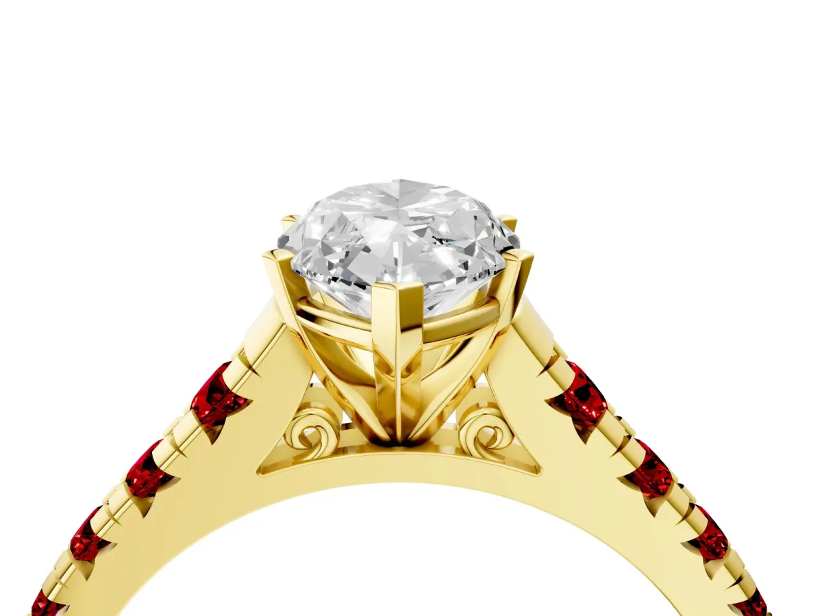 Marquise Cut Diamond Cathedral Solitaire Ring with Round Ruby Pavé Band Yellow gold