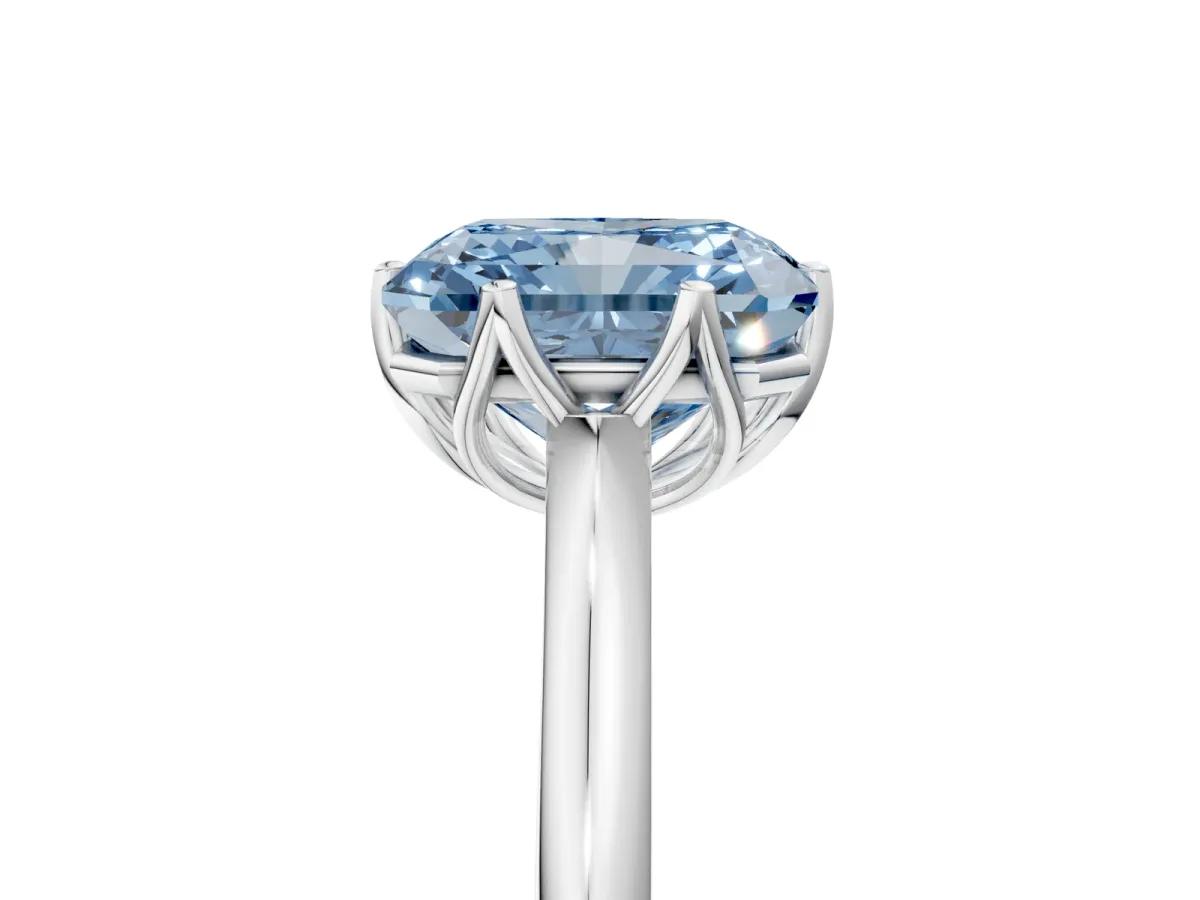 Fancy Blue Radiant Cut Solitaire Cathedral Diamond Ring with Six-Prong Setting Platinum