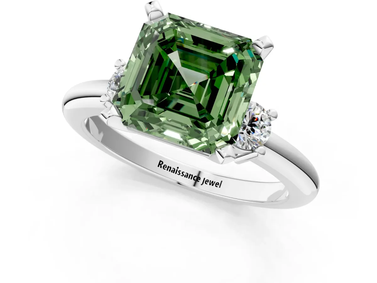 Fancy Green Three-Stone Asscher Cut Cut Diamond Solitaire with Prong Setting and Classic Band Platinum