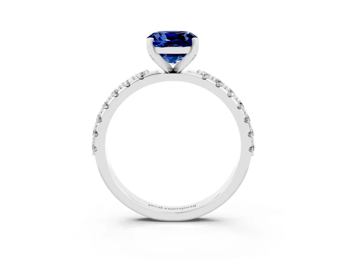 Cushion Cut Blue Sapphire Solitaire Pavé Band with Four-Prong Setting Silver