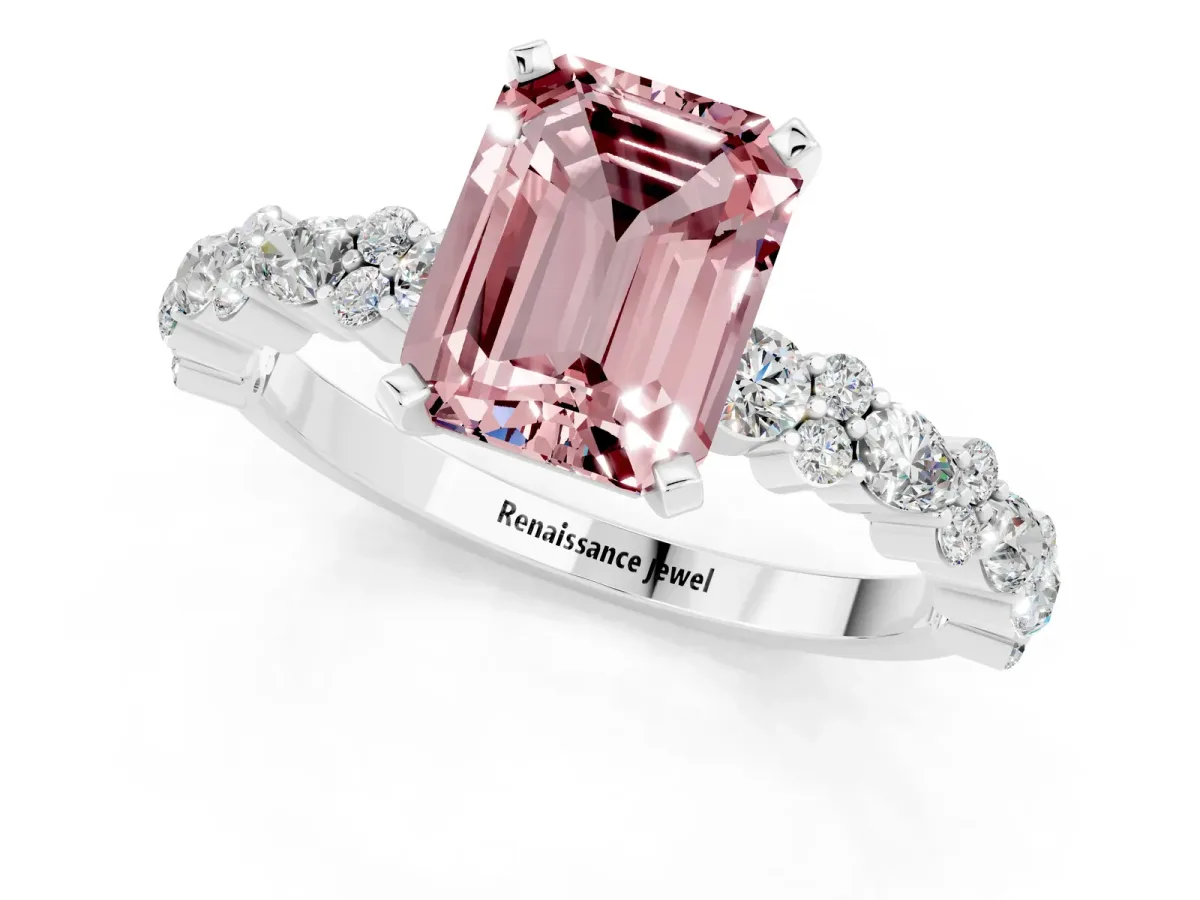 Emerald Cut Morganite Side Stone Solitaire Ring with Round and Four-Prong Setting White gold
